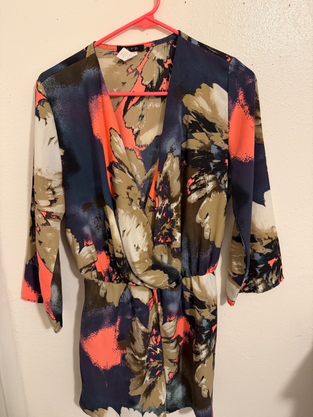 BLVD Coral and Navy Floral Surplice Romper